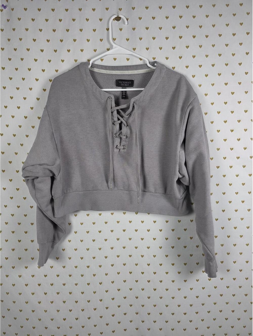 Victorias Secret Grey Lace Front Cropped Sweater Shirt MEDIUM